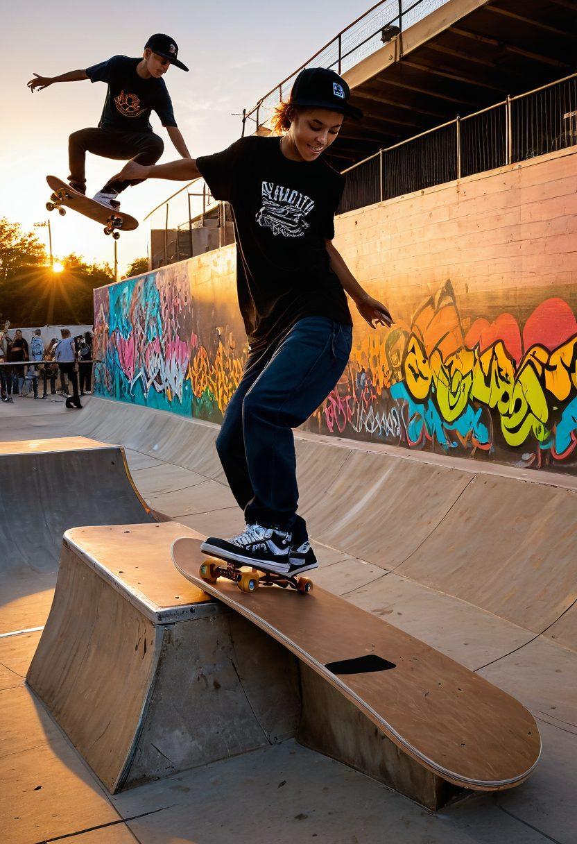A vibrant skate park scene filled with diverse skaters of all ages and styles performing tricks on colorful ramps. The background features graffiti art representing skate culture, and a sunset casting a warm glow. Include elements that showcase community, like friends sharing laughs and skateboarding gear scattered around. Capture the energy and spirit of the lifestyle in a dynamic composition. super-realistic. vibrant colors. urban setting.